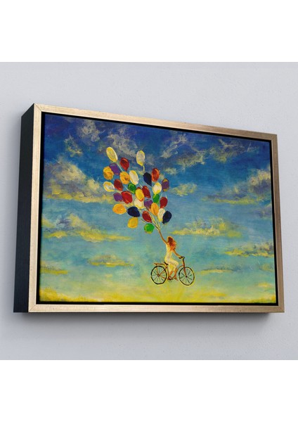 Çerçeveli Renkli Balonlar Ile Uçan Bisikletli Kız Kanvas TABLO-5036