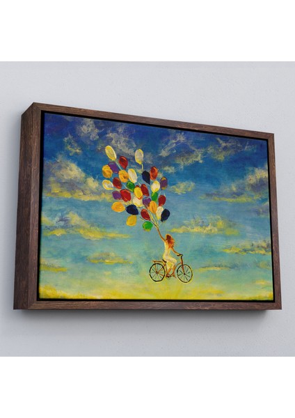 Çerçeveli Renkli Balonlar Ile Uçan Bisikletli Kız Kanvas TABLO-5036 fiyatları