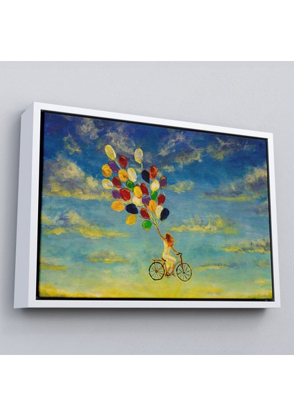 Çerçeveli Renkli Balonlar Ile Uçan Bisikletli Kız Kanvas TABLO-5036 fırsatları