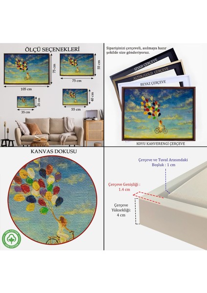 Çerçeveli Renkli Balonlar Ile Uçan Bisikletli Kız Kanvas TABLO-5036 indirimleri