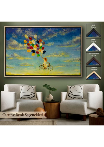 Çerçeveli Renkli Balonlar Ile Uçan Bisikletli Kız Kanvas TABLO-5036
