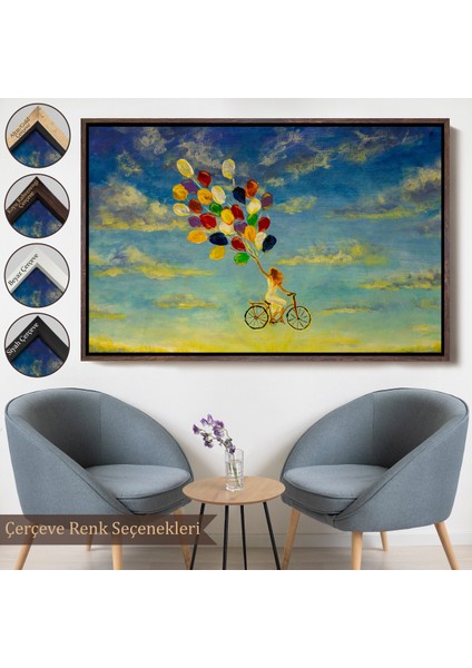 Çerçeveli Renkli Balonlar Ile Uçan Bisikletli Kız Kanvas TABLO-5036