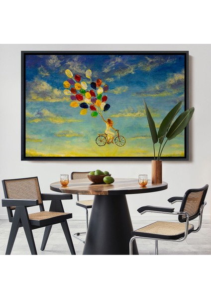Çerçeveli Renkli Balonlar Ile Uçan Bisikletli Kız Kanvas TABLO-5036