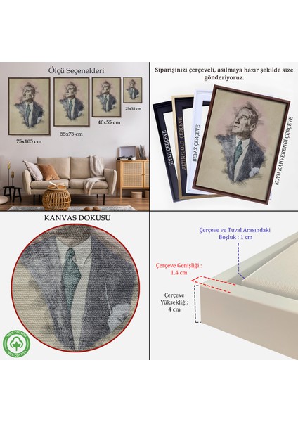 Çerçeveli Mustafa Kemal Atatürk'ün Kalem Eskizi Portre Çizimi Dekoratif Kanvas Tablo-80 indirimleri