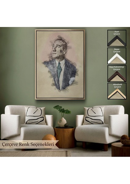 Çerçeveli Mustafa Kemal Atatürk'ün Kalem Eskizi Portre Çizimi Dekoratif Kanvas Tablo-80