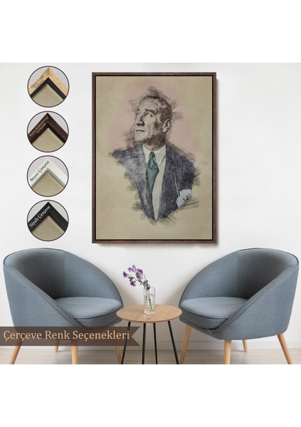 Çerçeveli Mustafa Kemal Atatürk'ün Kalem Eskizi Portre Çizimi Dekoratif Kanvas Tablo-80