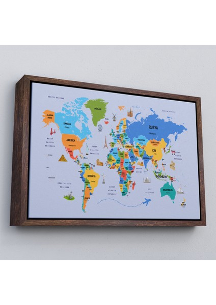 Çerçeveli Türkçe Dünya Haritası Kanvas Tablo Ülke Başkentli ve Ünlü Yerler SEMBOLLÜ-2704