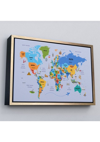 Çerçeveli Türkçe Dünya Haritası Kanvas Tablo Ülke Başkentli ve Ünlü Yerler SEMBOLLÜ-2704 fiyatları