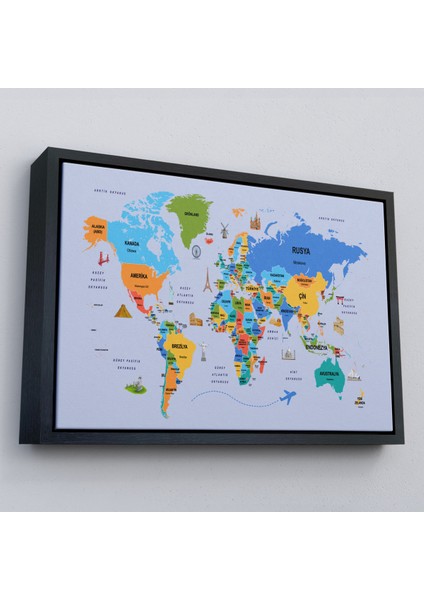Çerçeveli Türkçe Dünya Haritası Kanvas Tablo Ülke Başkentli ve Ünlü Yerler SEMBOLLÜ-2704 modelleri