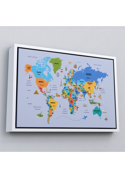 Çerçeveli Türkçe Dünya Haritası Kanvas Tablo Ülke Başkentli ve Ünlü Yerler SEMBOLLÜ-2704 fırsatları