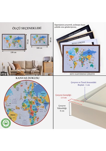 Çerçeveli Türkçe Dünya Haritası Kanvas Tablo Ülke Başkentli ve Ünlü Yerler SEMBOLLÜ-2704 indirimleri