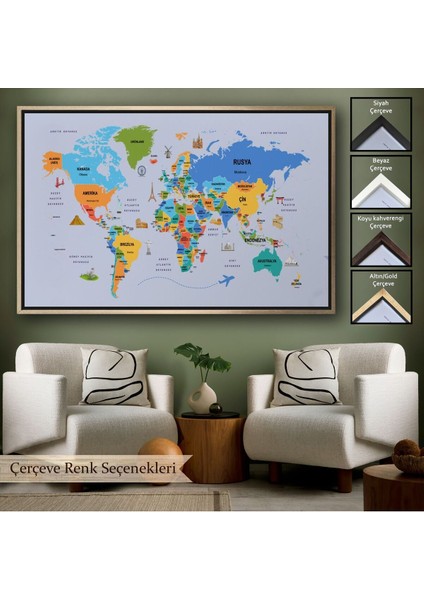 Çerçeveli Türkçe Dünya Haritası Kanvas Tablo Ülke Başkentli ve Ünlü Yerler SEMBOLLÜ-2704