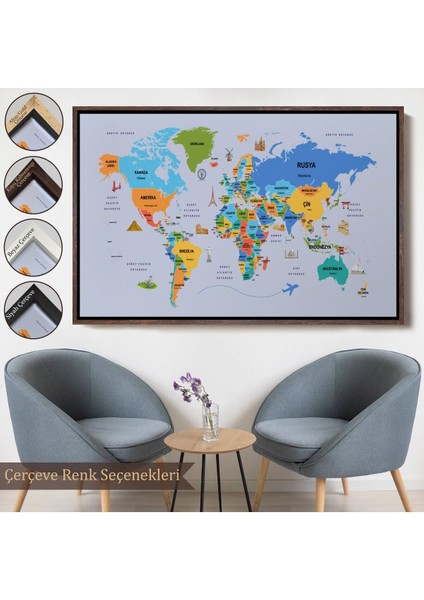 Çerçeveli Türkçe Dünya Haritası Kanvas Tablo Ülke Başkentli ve Ünlü Yerler SEMBOLLÜ-2704