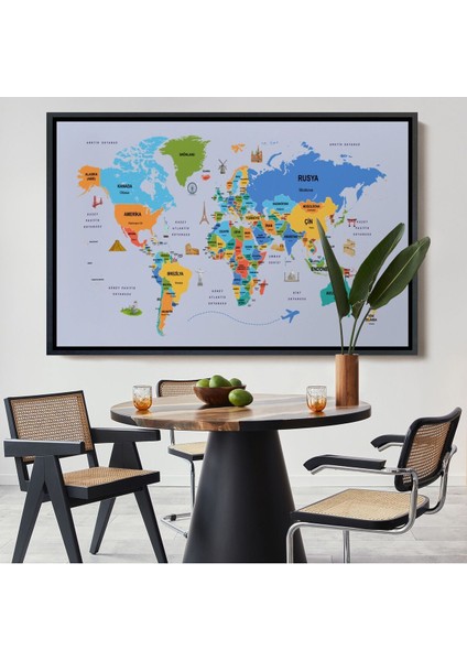 Çerçeveli Türkçe Dünya Haritası Kanvas Tablo Ülke Başkentli ve Ünlü Yerler SEMBOLLÜ-2704