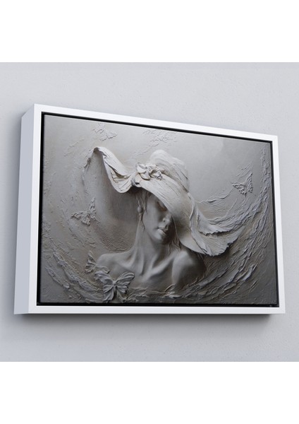 Çerçeveli Kabartma Görünümlü Şapkalı Kadın Kanvas Duvar Tablosu -3424