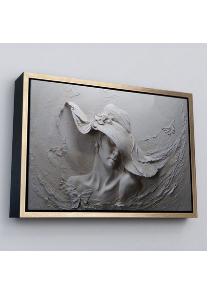 Çerçeveli Kabartma Görünümlü Şapkalı Kadın Kanvas Duvar Tablosu -3424 modelleri