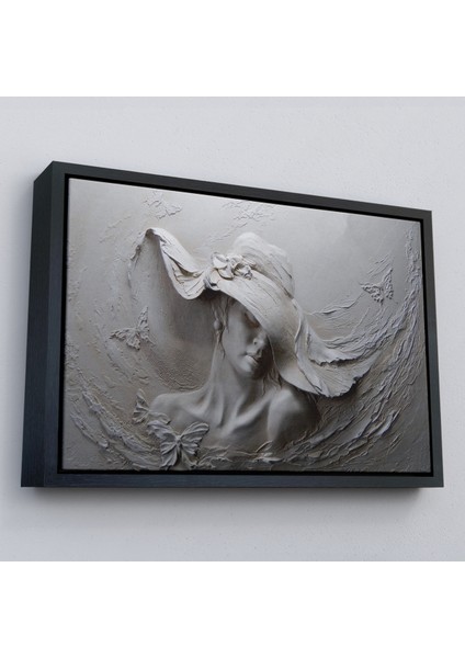 Çerçeveli Kabartma Görünümlü Şapkalı Kadın Kanvas Duvar Tablosu -3424 fırsatları