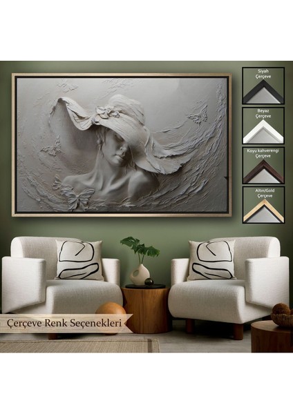 Çerçeveli Kabartma Görünümlü Şapkalı Kadın Kanvas Duvar Tablosu -3424