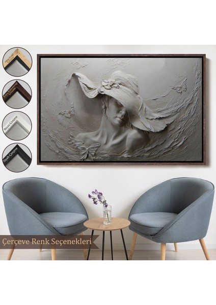 Çerçeveli Kabartma Görünümlü Şapkalı Kadın Kanvas Duvar Tablosu -3424