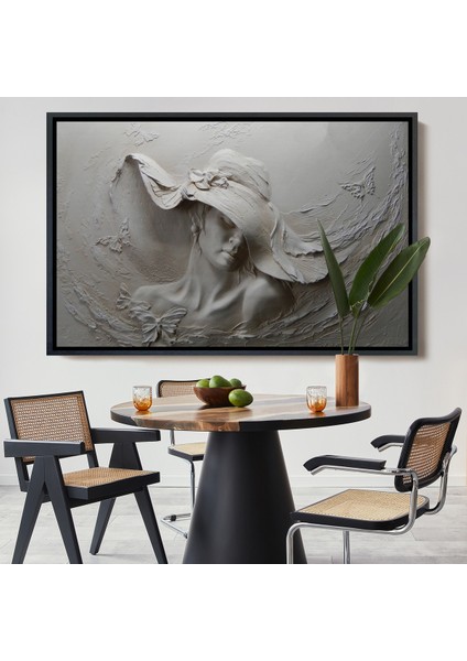 Çerçeveli Kabartma Görünümlü Şapkalı Kadın Kanvas Duvar Tablosu -3424