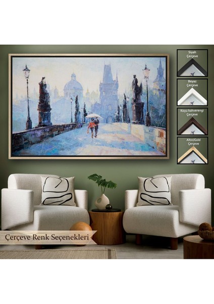 Çerçeveli Şemsiye Altında Bir Çift Aşık Temalı Kanvas Duvar TABLOSU-1187