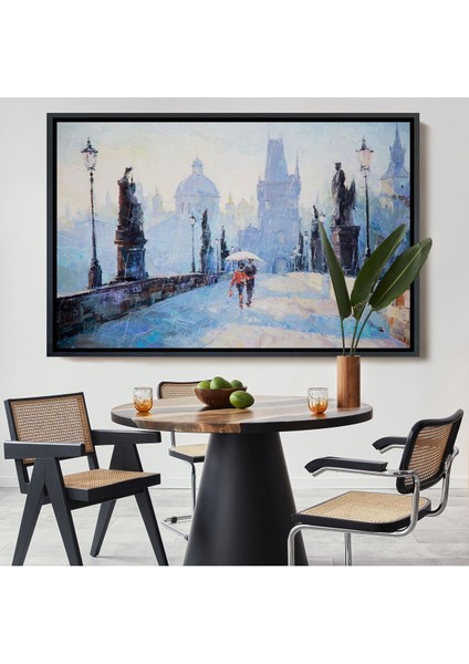 Çerçeveli Şemsiye Altında Bir Çift Aşık Temalı Kanvas Duvar TABLOSU-1187