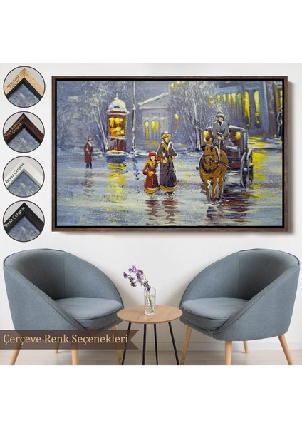 Çerçeveli Eski Şehir ve At Arabası Yağlıboya Görünüm Dekoratif Kanvas Duvar TABLOSU-3573