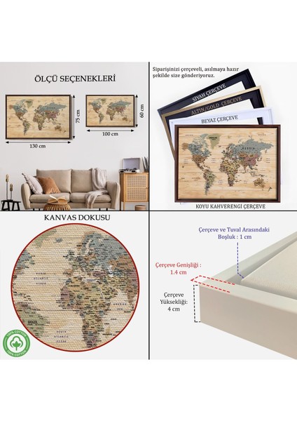 Çerçeveli Ahşap Görünümlü Dünya Haritası Ayrıntılı ve Dekoratif Kanvas TABLO-1813 indirimleri