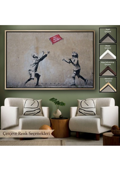 Çerçeveli Banksy Stencil'in Top Oyunları Yok Isimli Eseri Kanvas TABLO-5006
