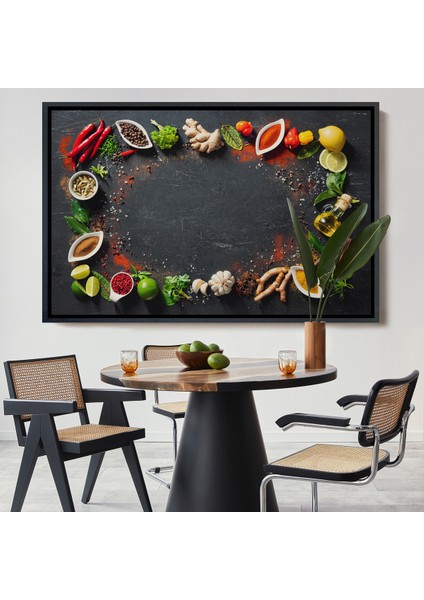 Çerçeveli Mutfak Masasındaki Baharatlar Dekoratif Kanvas Duvar TABLOSU-3727