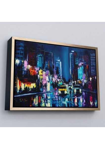 Çerçeveli New York Gece Manzarası Yağlıboya Dekoratif Duvar TABLOSU-3533