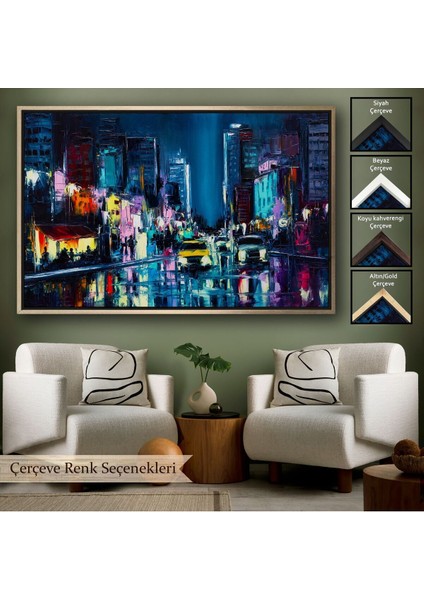 Çerçeveli New York Gece Manzarası Yağlıboya Dekoratif Duvar TABLOSU-3533