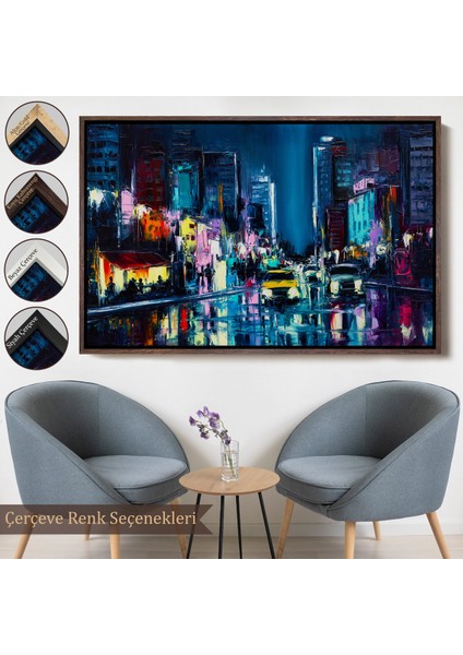 Çerçeveli New York Gece Manzarası Yağlıboya Dekoratif Duvar TABLOSU-3533