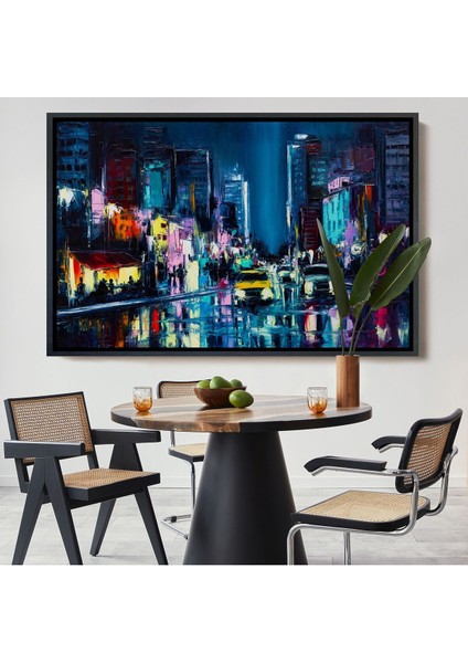 Çerçeveli New York Gece Manzarası Yağlıboya Dekoratif Duvar TABLOSU-3533
