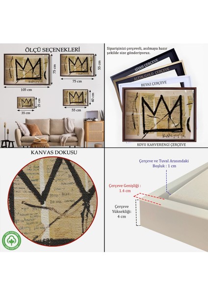 Çerçeveli Jean Michel Basquiat Notlar ve Taç Eseri Kanvas TABLO-5001 indirimleri