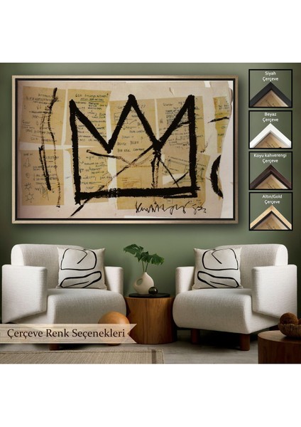Çerçeveli Jean Michel Basquiat Notlar ve Taç Eseri Kanvas TABLO-5001