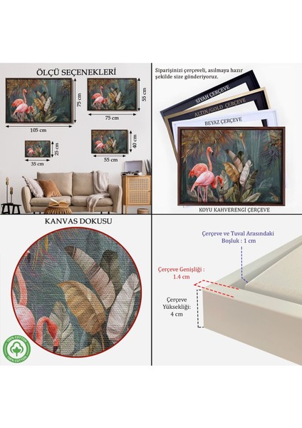 Çerçeveli Pembe Filamingolar Yağlıboya Görünüm Dekoratif Tablo -3700 indirimleri