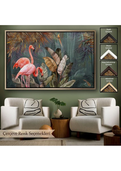 Çerçeveli Pembe Filamingolar Yağlıboya Görünüm Dekoratif Tablo -3700