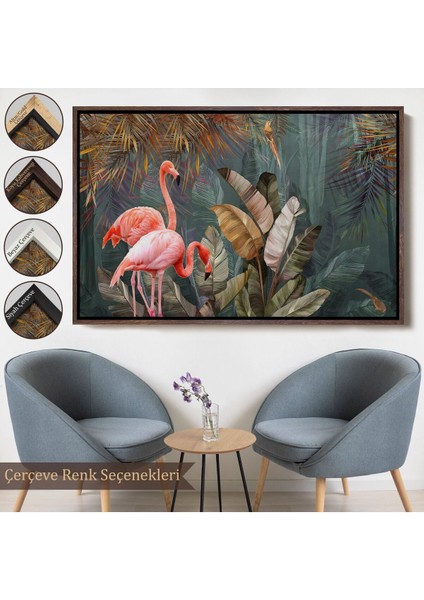 Çerçeveli Pembe Filamingolar Yağlıboya Görünüm Dekoratif Tablo -3700