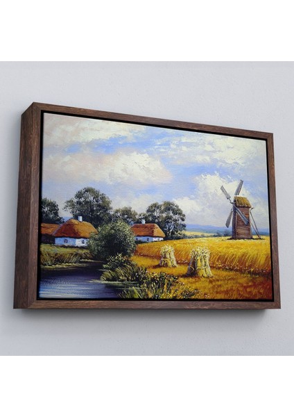 Çerçeveli Buğday Tarlası ve Değirmen Yağlıboya Görünüm Dekoratif Kanvas Duvar TABLOSU-3556