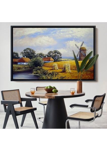 Çerçeveli Buğday Tarlası ve Değirmen Yağlıboya Görünüm Dekoratif Kanvas Duvar TABLOSU-3556