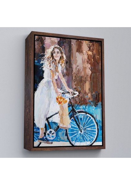 Çerçeveli Bisiklete Binen Beyaz Elbiseli Kız Duvar TABLOSU-6007