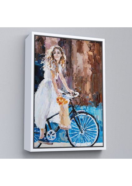 Çerçeveli Bisiklete Binen Beyaz Elbiseli Kız Duvar TABLOSU-6007 fırsatları