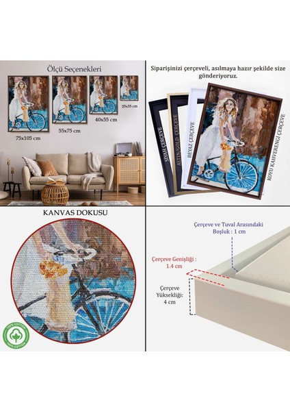 Çerçeveli Bisiklete Binen Beyaz Elbiseli Kız Duvar TABLOSU-6007 indirimleri