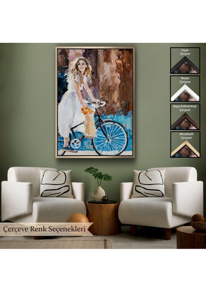 Çerçeveli Bisiklete Binen Beyaz Elbiseli Kız Duvar TABLOSU-6007