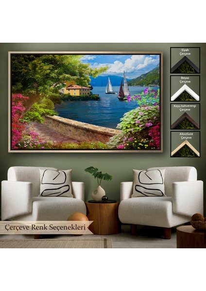 Çerçeveli Denize Açılan Çiçekli Yol Duvar TABLOSU-3606