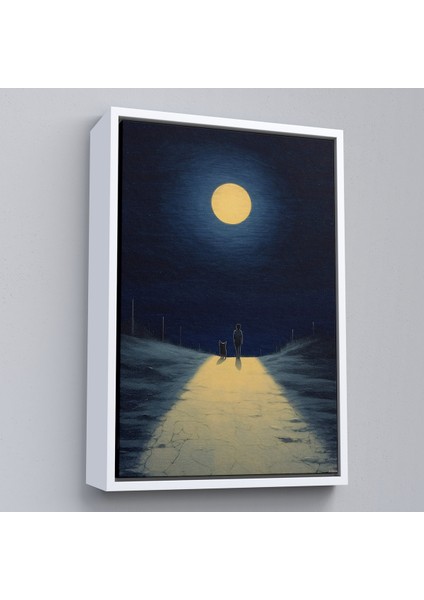 Çerçeveli Ay Işığına Yürüyen Kedi ve Dostu TABLO-7504 fırsatları