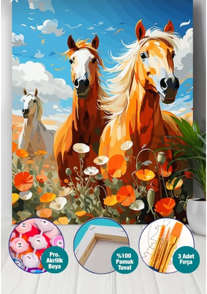 Sayılarla Boyama Seti 40X50 cm (Çıtalı) Fırça Boya Dahil Numaralı Tuval Üç At
