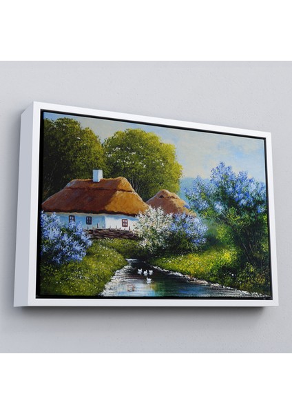 Çerçeveli Akarsu Kenarındaki Köy Evi Yağlıboya Dekoratif Kanvas Duvar TABLOSU-3637