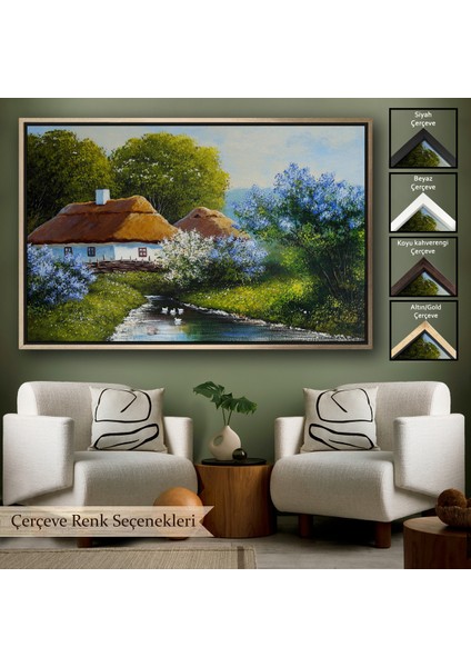 Çerçeveli Akarsu Kenarındaki Köy Evi Yağlıboya Dekoratif Kanvas Duvar TABLOSU-3637